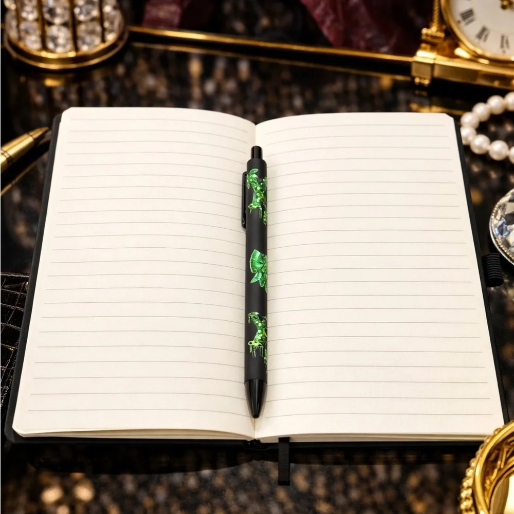 Black Notebook with Green Sequin Bow and Pen